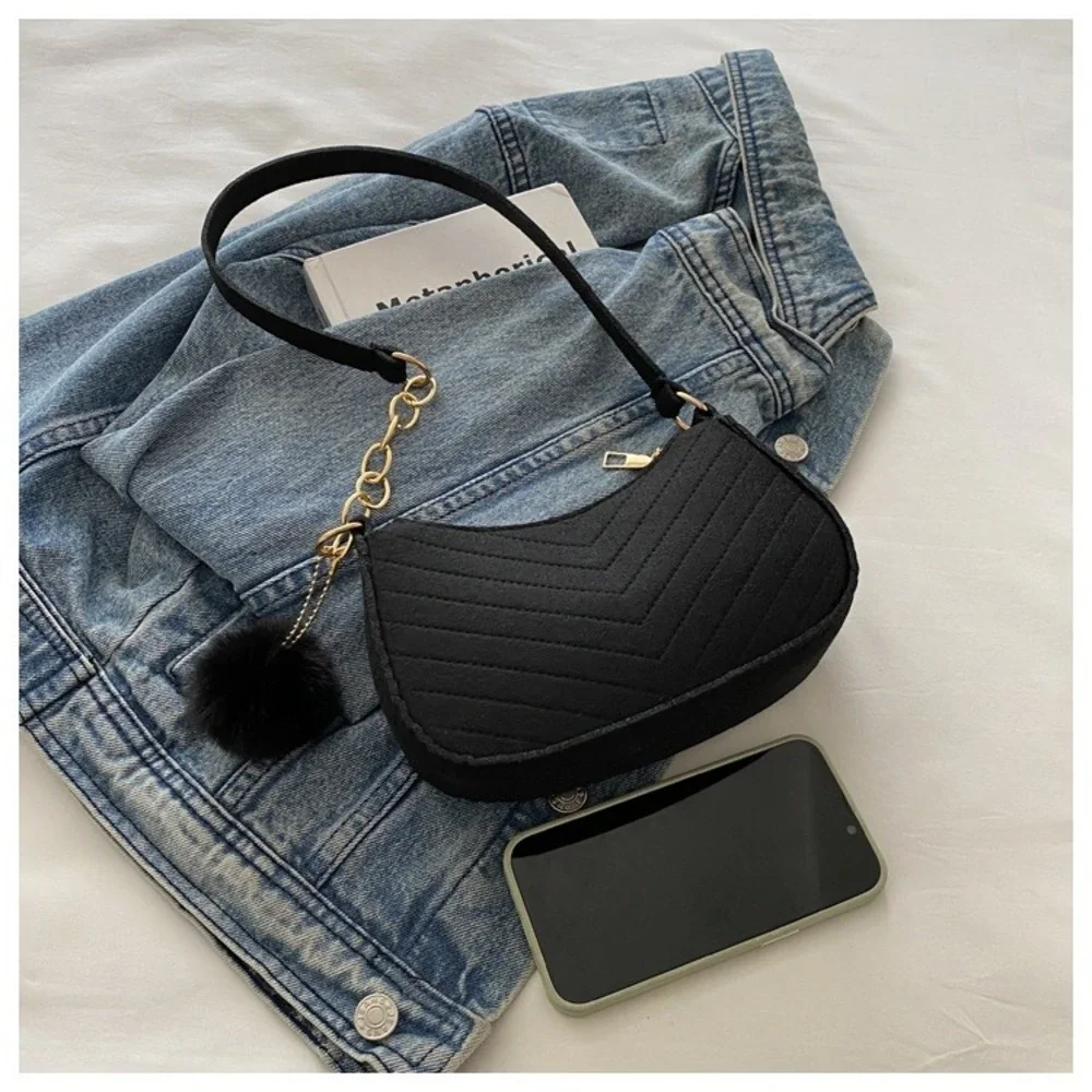 Women Chevron Quilted Baguette Shoulder Bag Pom Pom‎ Charm Black Small Purse